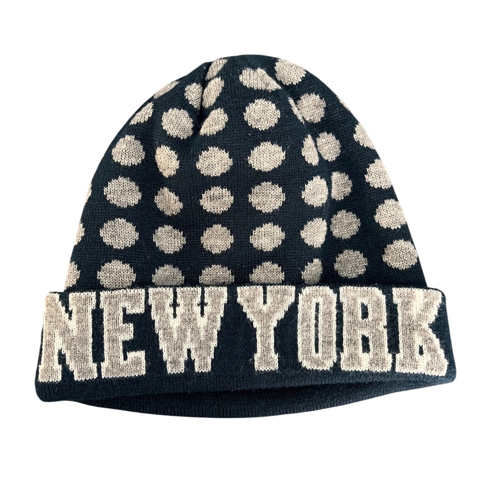 New York Polka Dot Knit‎ Beanie Hat Navy Blue Grey Cuffed NYC Accessory Downtown